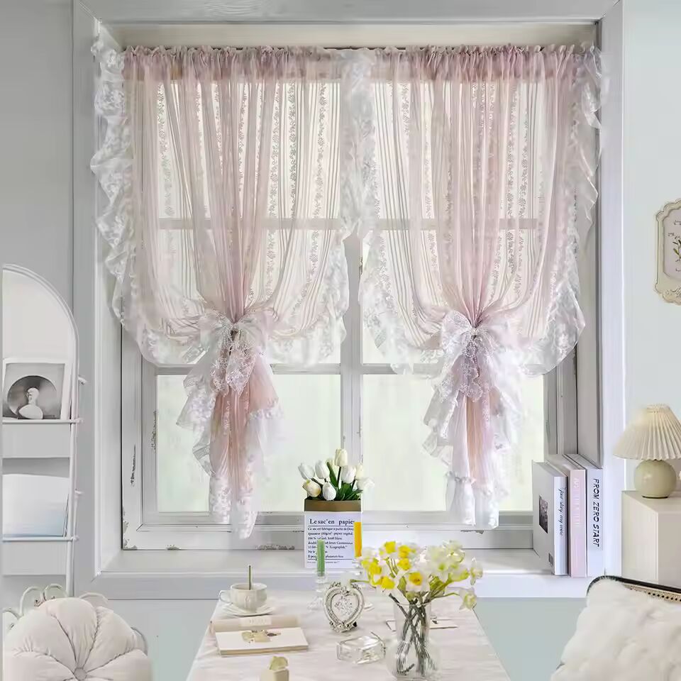 1Pc,Romantic Pink Rose Floral Sheer Curtains with Ruffled Lace Trim for Small Window, Kitchen ,Girls' Rooms & Bedroom Decor