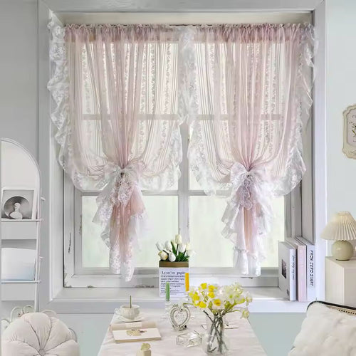 1Pc,Romantic Pink Rose Floral Sheer Curtains with Ruffled Lace Trim for Small Window, Kitchen ,Girls' Rooms & Bedroom Decor