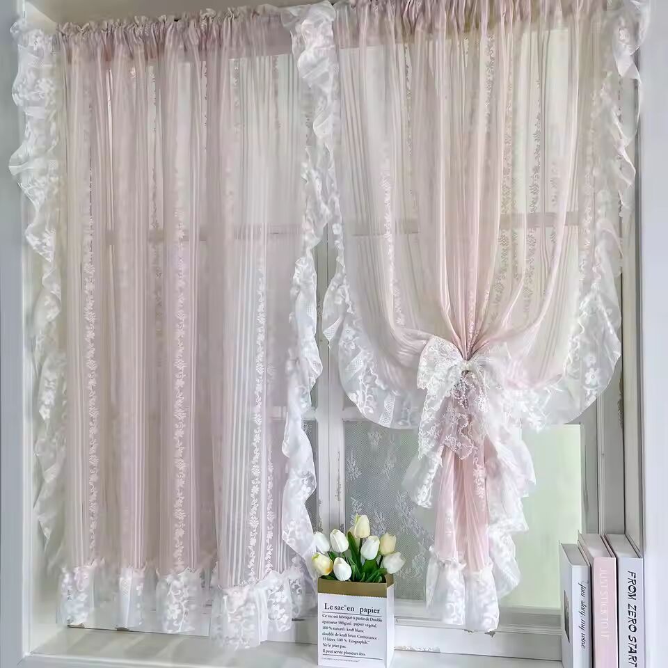 1Pc,Romantic Pink Rose Floral Sheer Curtains with Ruffled Lace Trim for Small Window, Kitchen ,Girls' Rooms & Bedroom Decor