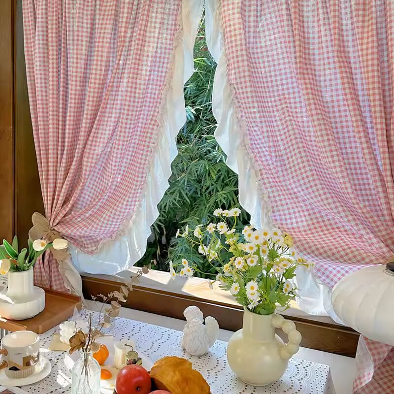 2Pieces ,Pink Lattice Opaque Curtain with Ruffled Lace Drapes For Living Room,Princess Window Treatment for Daughters Bedroom