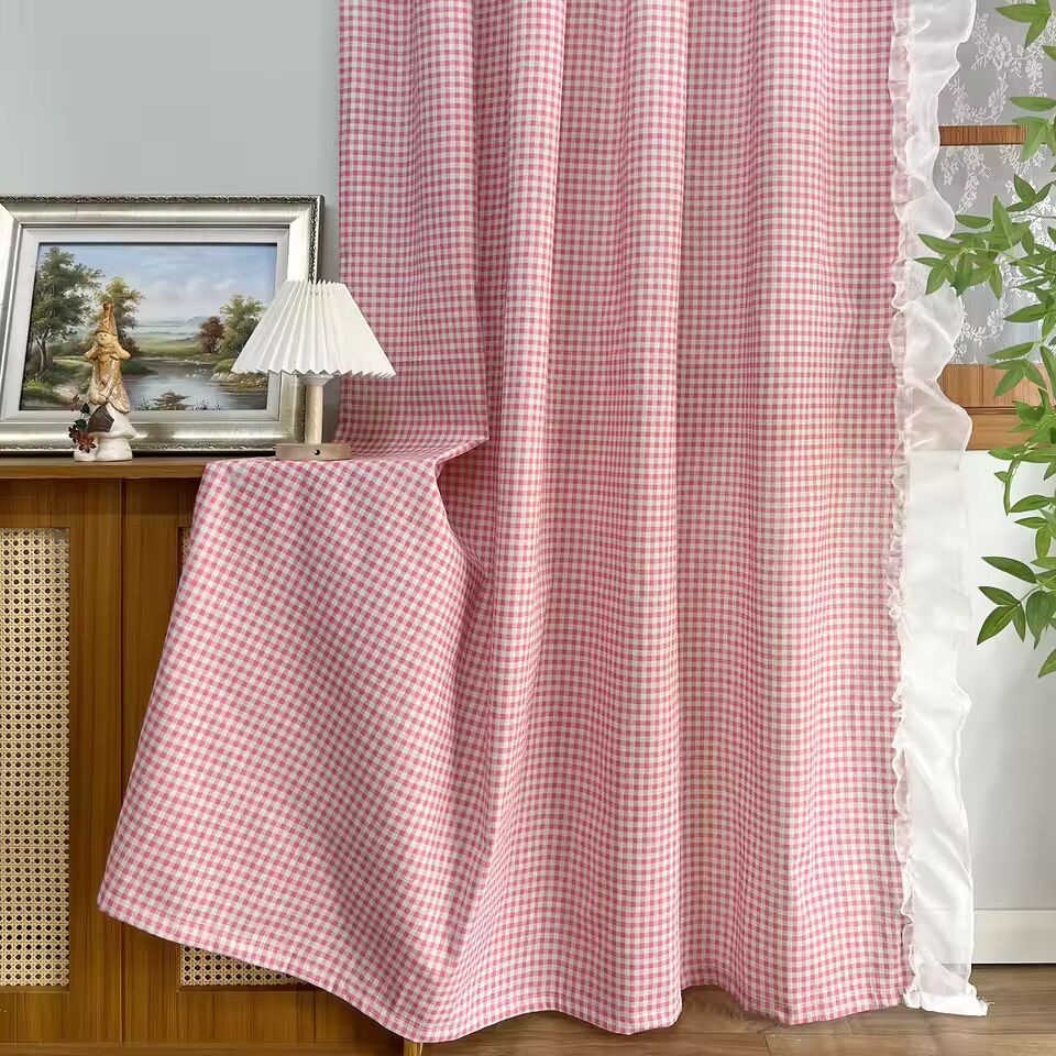 2Pieces ,Pink Lattice Opaque Curtain with Ruffled Lace Drapes For Living Room,Princess Window Treatment for Daughters Bedroom