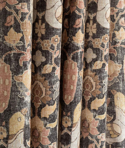 Beautiful vintage inspired bird print curtain panel brown terracotta ochre faded black 48x84 48x96 48x108 54x84 54x96 54x108 custom sizes
